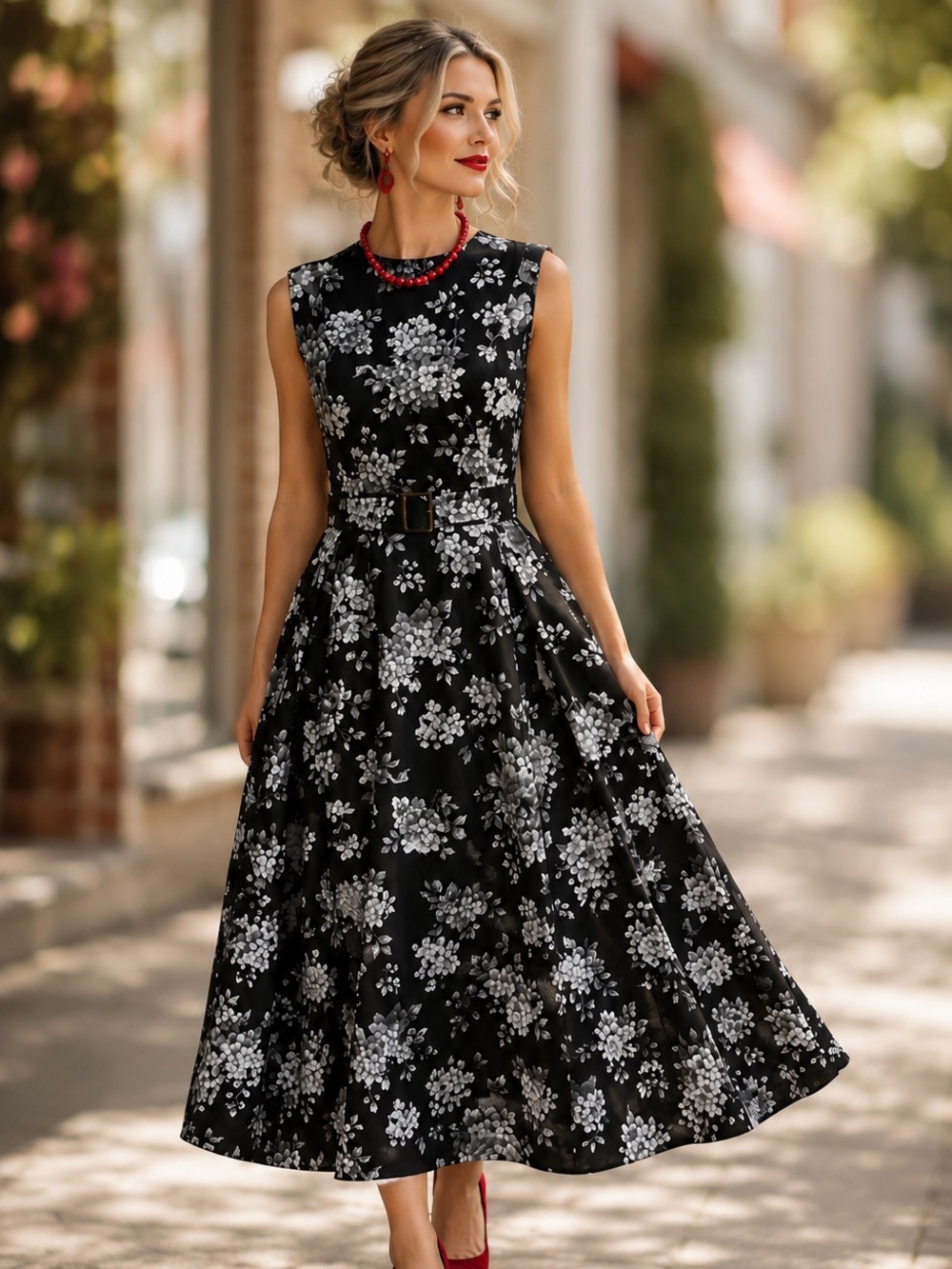 Linen Vibes Classic Black & White Floral Sleeveless Dress with Belt 239